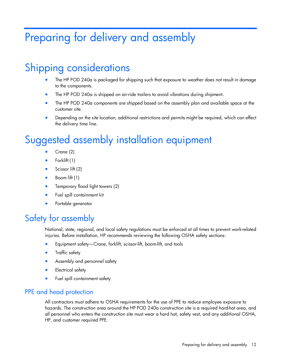 HP Performance Optimized Data Center (POD) 240a manual Preparing for delivery and assembly, Shipping considerations 