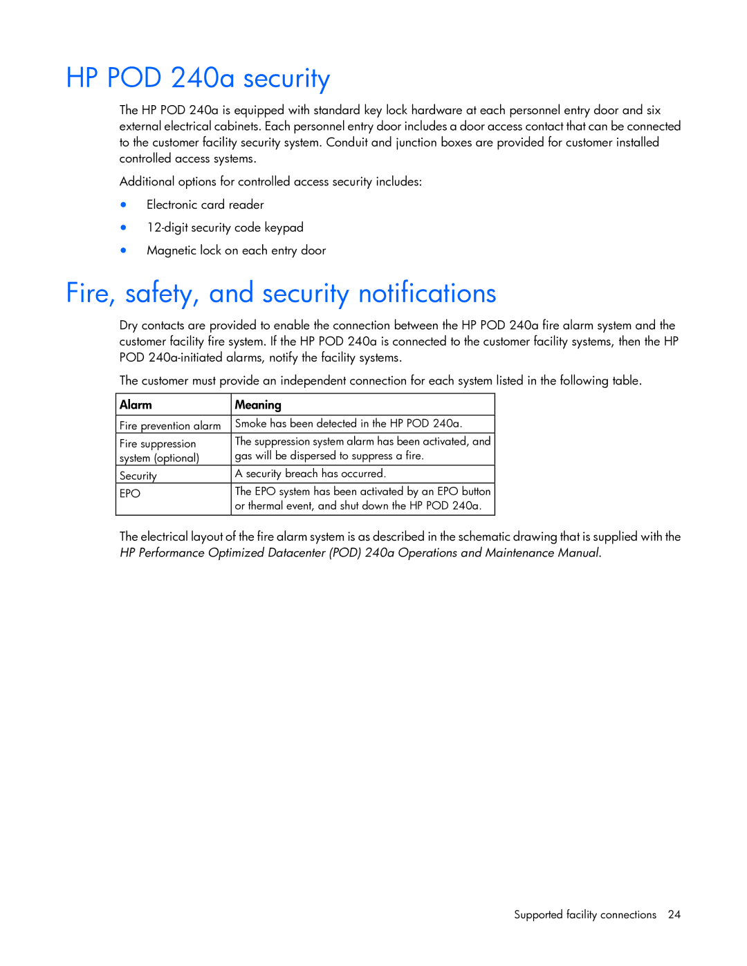 HP Performance Optimized Data Center (POD) 240a manual HP POD 240a security, Fire, safety, and security notifications 