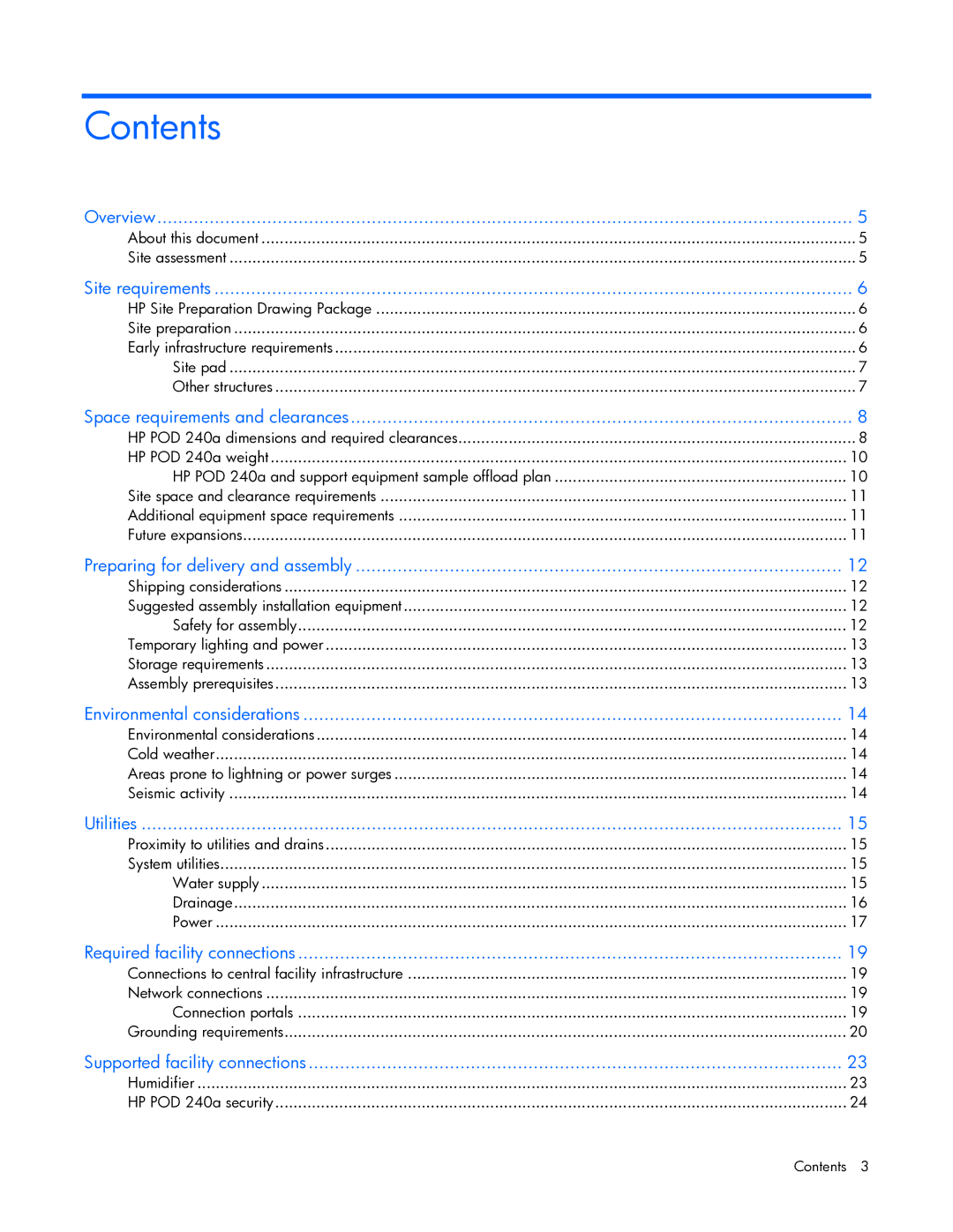 HP Performance Optimized Data Center (POD) 240a manual Contents 