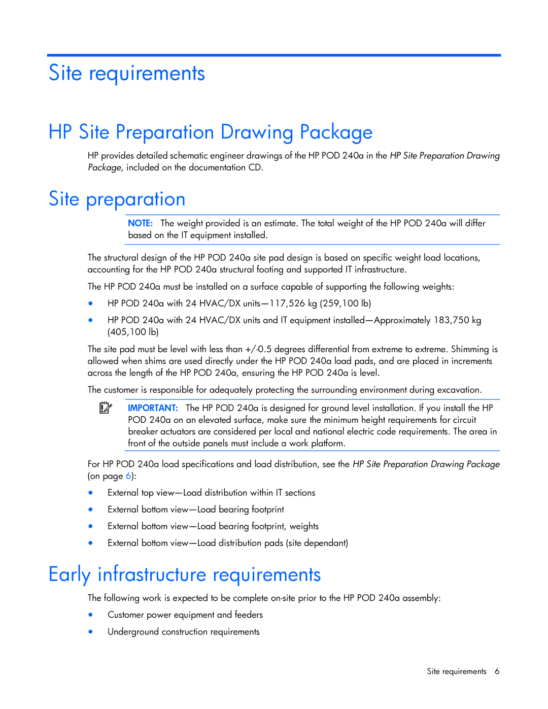 HP Performance Optimized Data Center (POD) 240a Site requirements, HP Site Preparation Drawing Package, Site preparation 