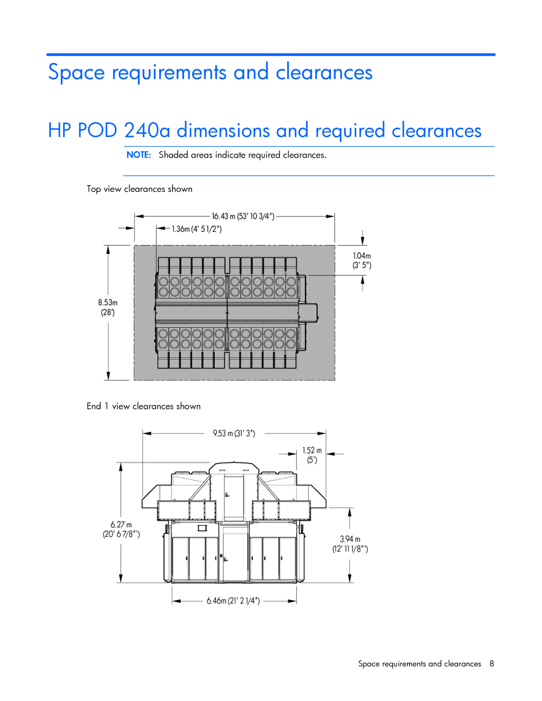 HP Performance Optimized Data Center (POD) 240a manual Space requirements and clearances 