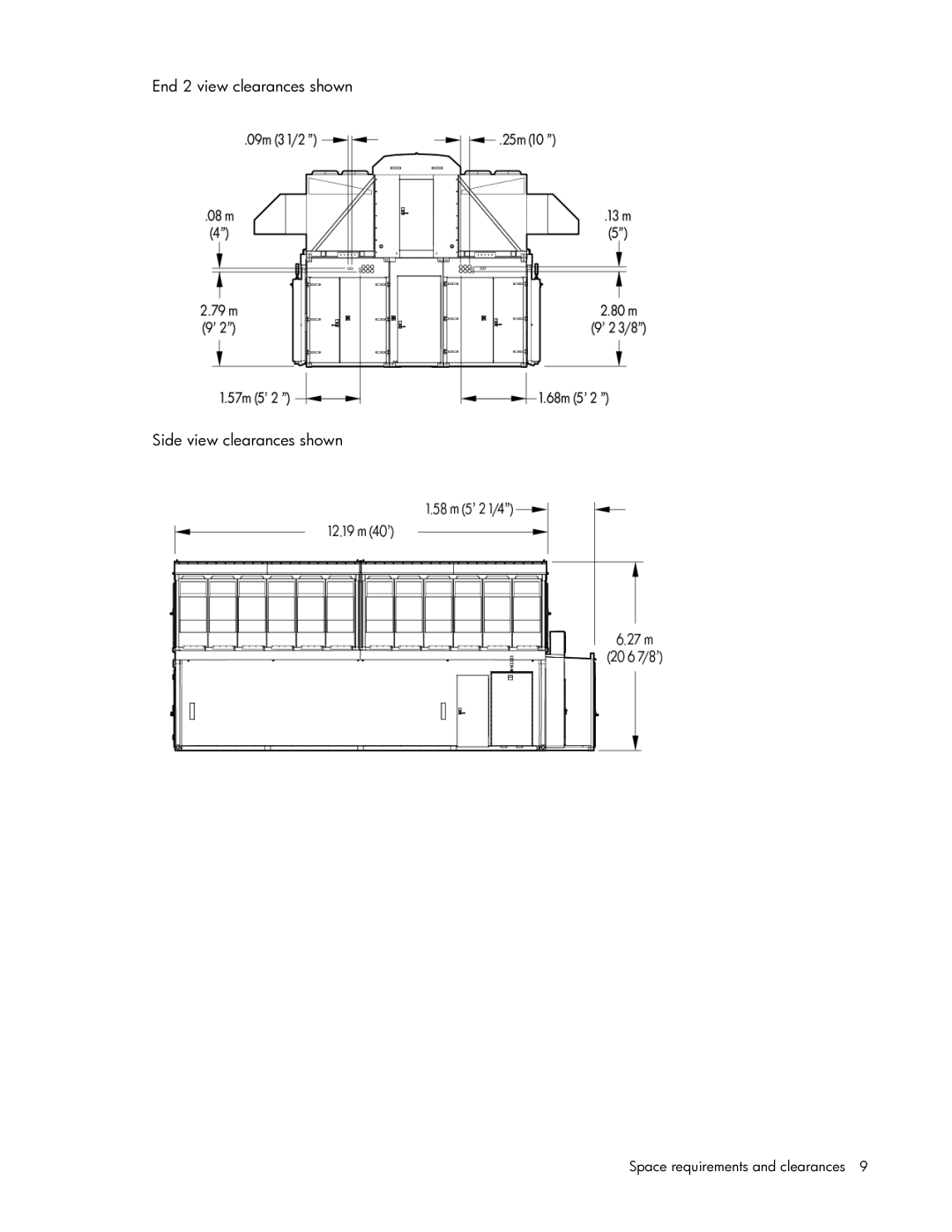 HP Performance Optimized Data Center (POD) 240a manual End 2 view clearances shown Side view clearances shown 