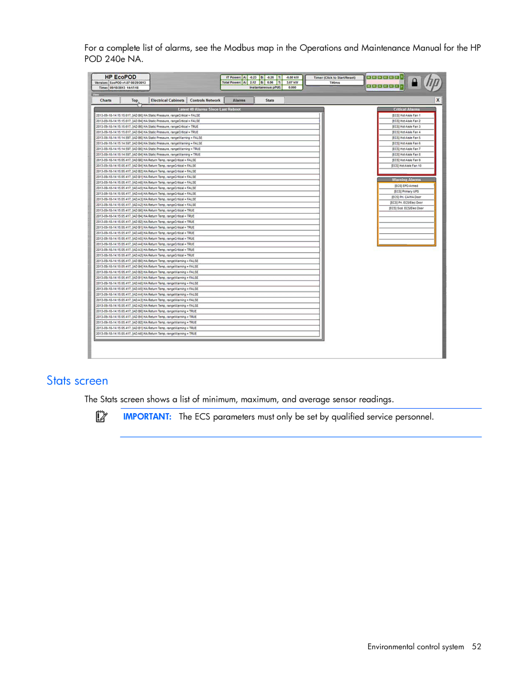 HP Performance Optimized Data Center (POD) 240a manual Stats screen 