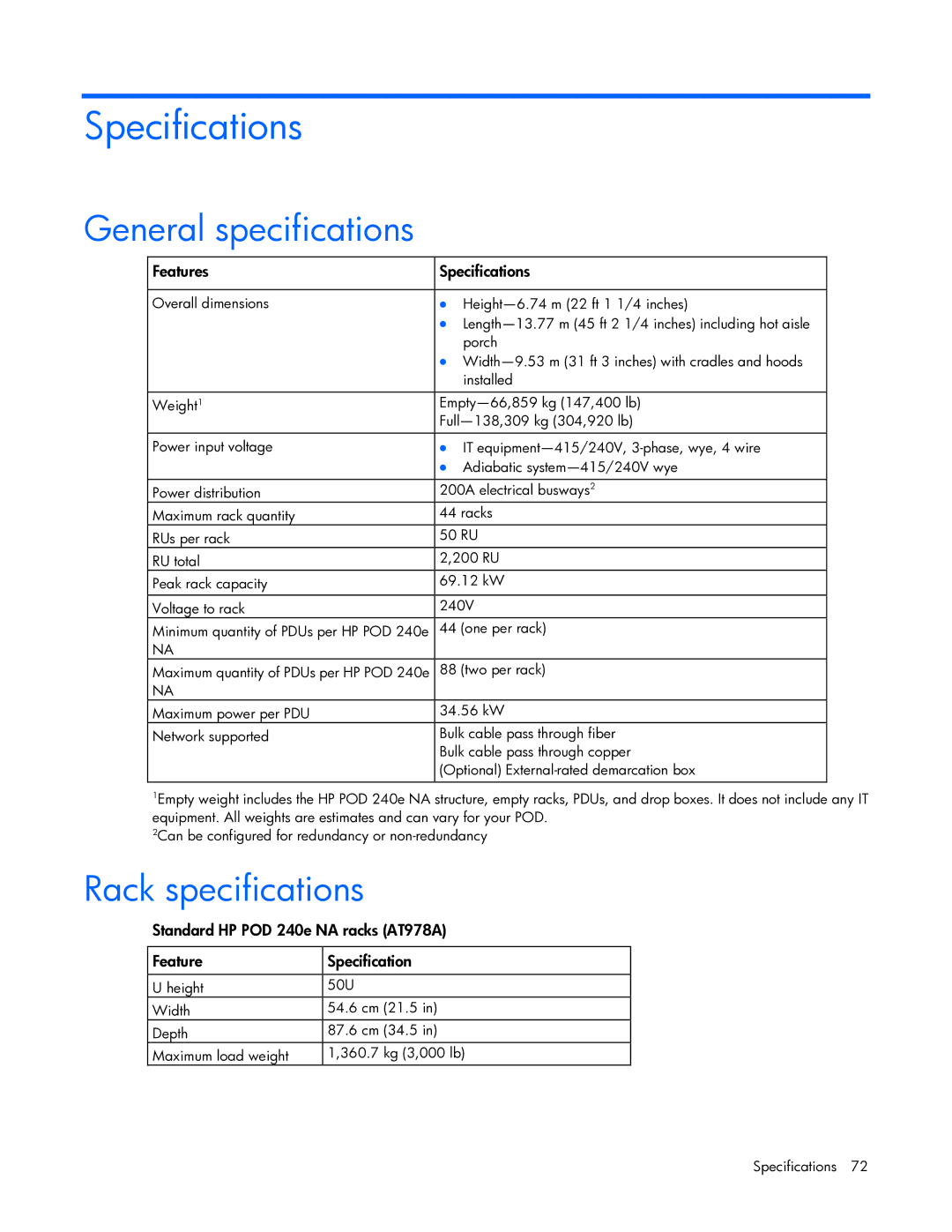 HP Performance Optimized Data Center (POD) 240a manual Specifications, General specifications, Rack specifications 