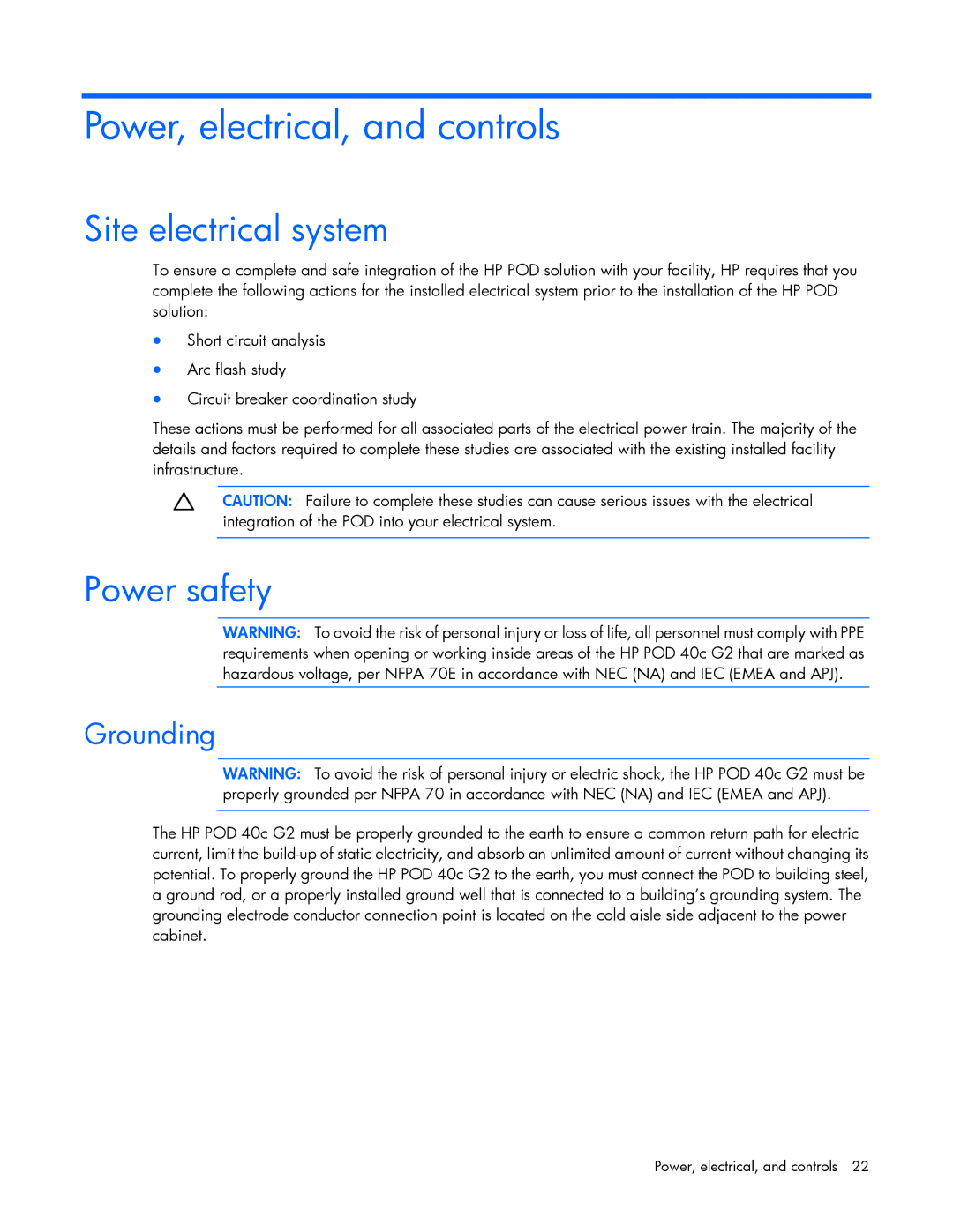 HP Performance Optimized Data Center (POD) 40c manual Power, electrical, and controls, Site electrical system, Power safety 