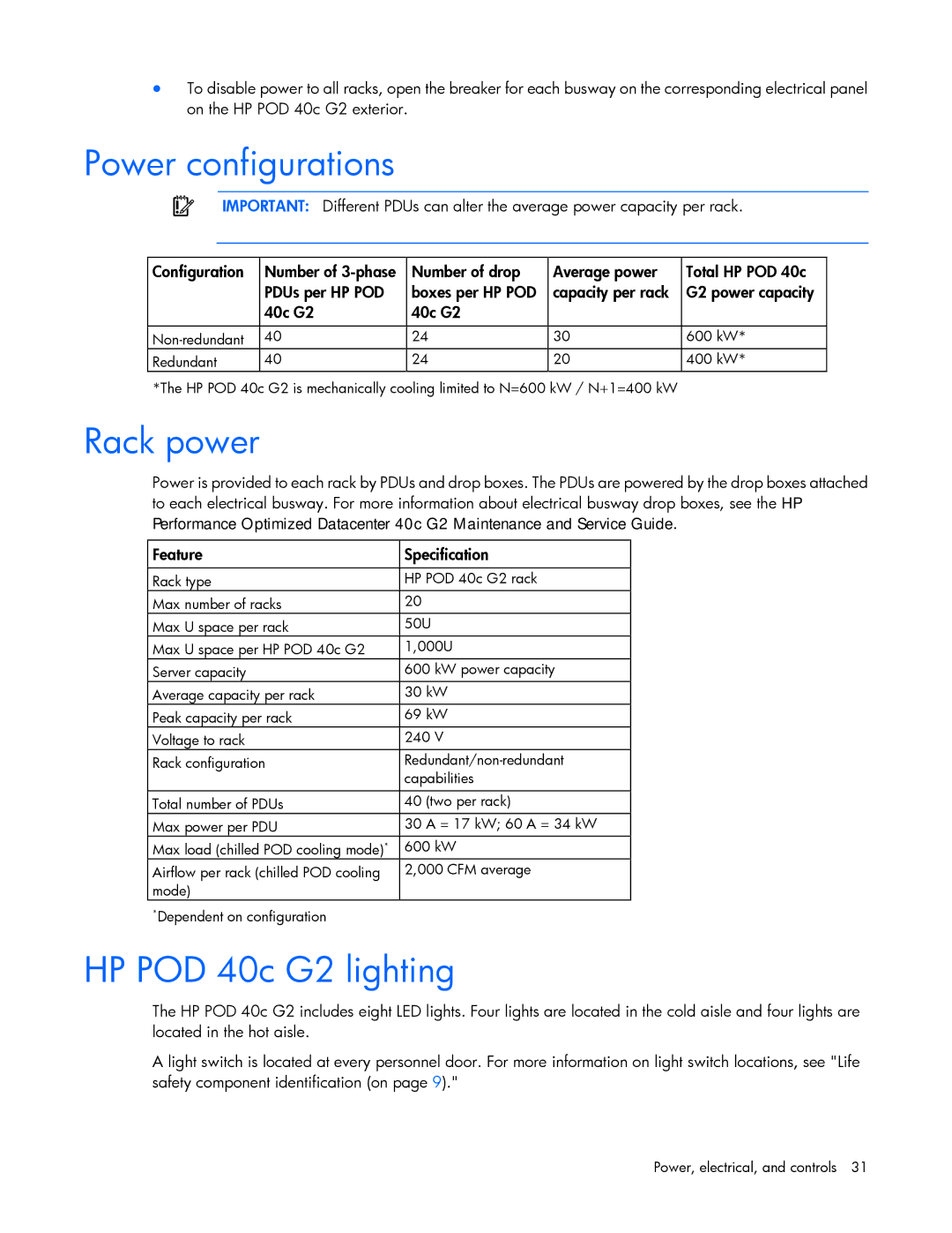 HP Performance Optimized Data Center (POD) 40c manual Power configurations, Rack power, HP POD 40c G2 lighting 