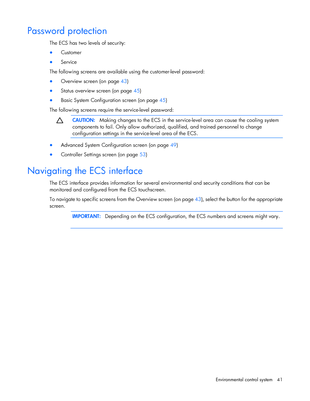 HP Performance Optimized Data Center (POD) 40c manual Password protection, Navigating the ECS interface 