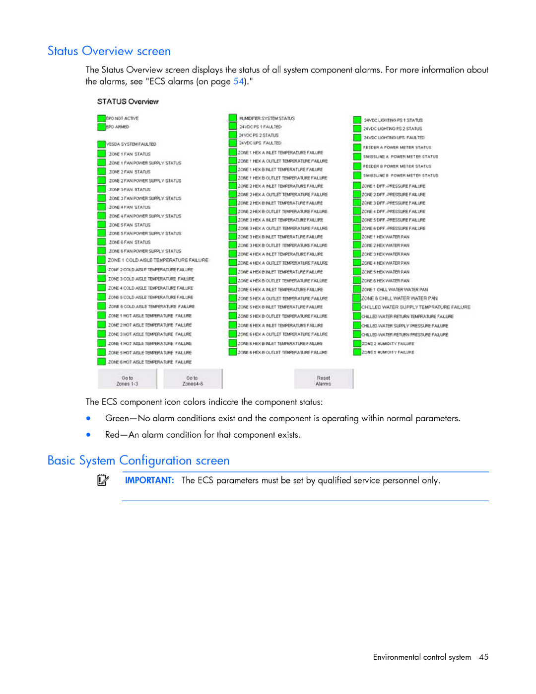 HP Performance Optimized Data Center (POD) 40c manual Status Overview screen, Basic System Configuration screen 