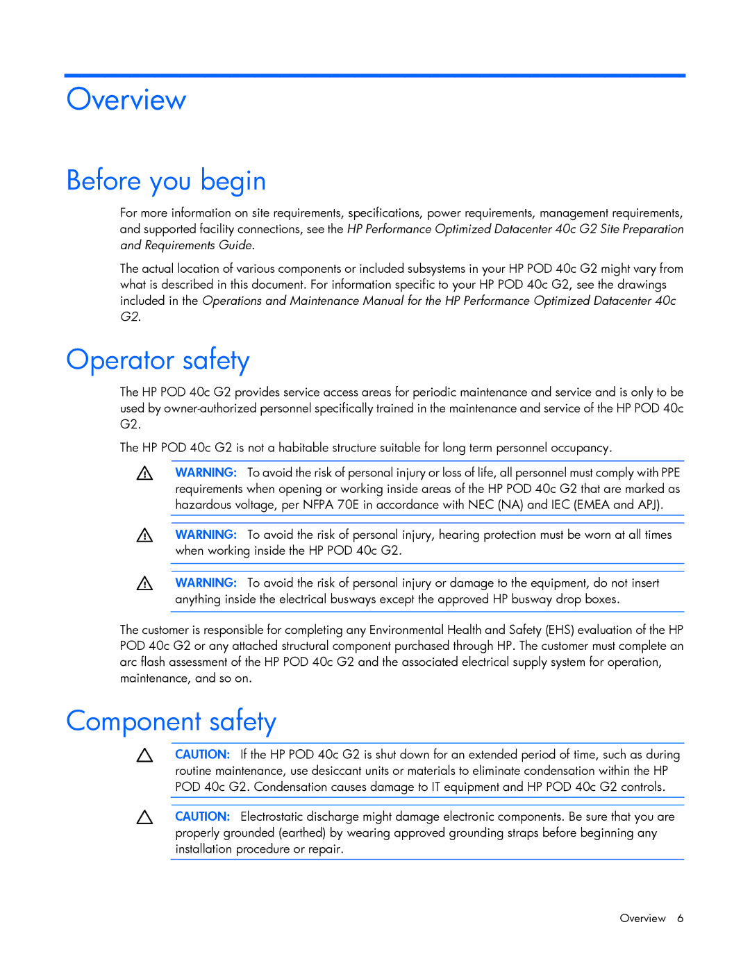 HP Performance Optimized Data Center (POD) 40c manual Overview, Before you begin, Operator safety, Component safety 