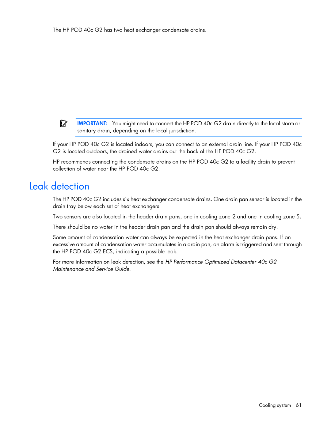 HP Performance Optimized Data Center (POD) 40c manual Leak detection 