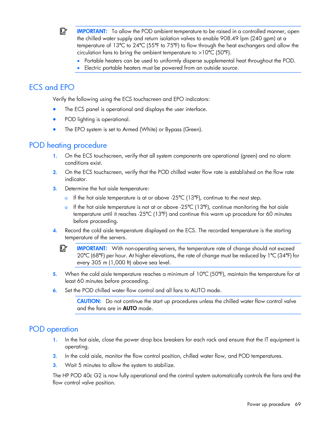 HP Performance Optimized Data Center (POD) 40c manual POD heating procedure 