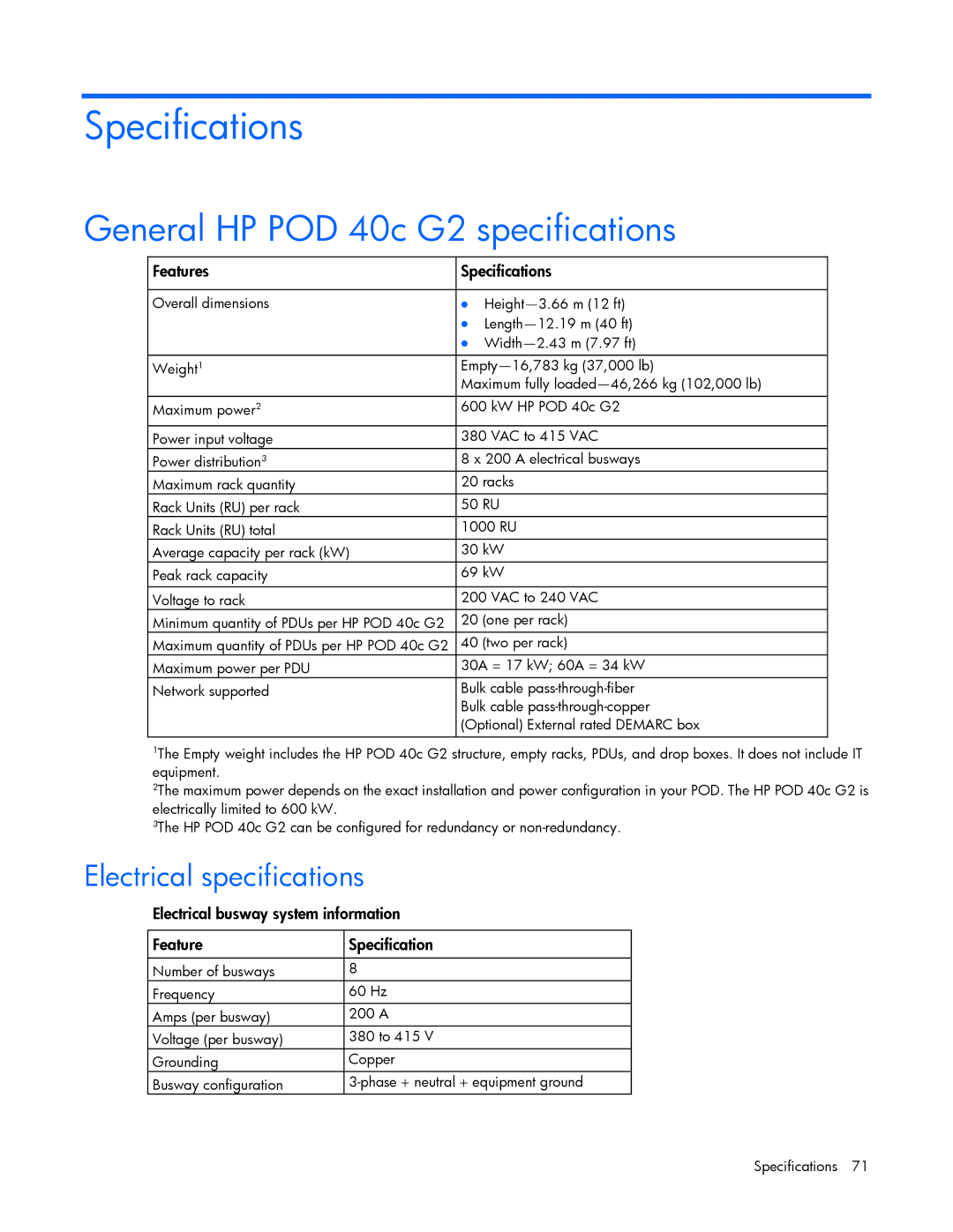 HP Performance Optimized Data Center (POD) 40c manual Specifications, General HP POD 40c G2 specifications 