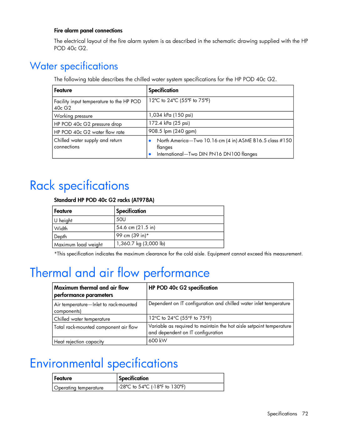 HP Performance Optimized Data Center (POD) 40c Rack specifications, Thermal and air flow performance, Water specifications 