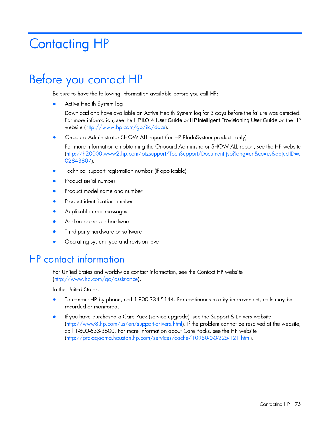 HP Performance Optimized Data Center (POD) 40c manual Contacting HP, Before you contact HP, HP contact information 