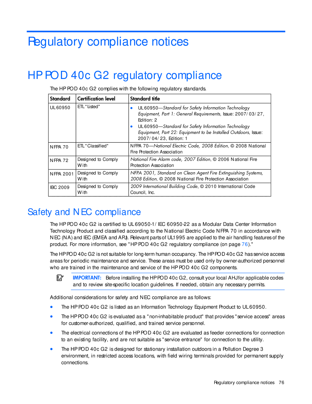 HP Performance Optimized Data Center (POD) 40c manual Regulatory compliance notices, HP POD 40c G2 regulatory compliance 