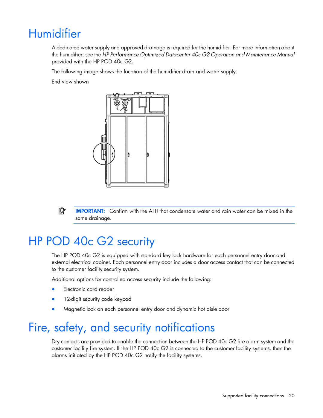 HP Performance Optimized Data Center (POD) 40c manual Humidifier, HP POD 40c G2 security 