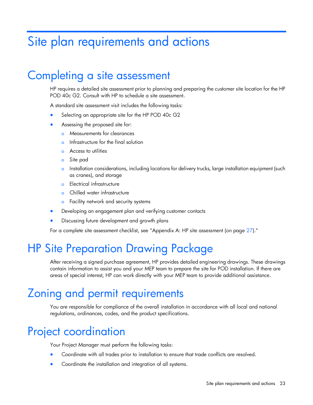 HP Performance Optimized Data Center (POD) 40c manual Site plan requirements and actions, Completing a site assessment 