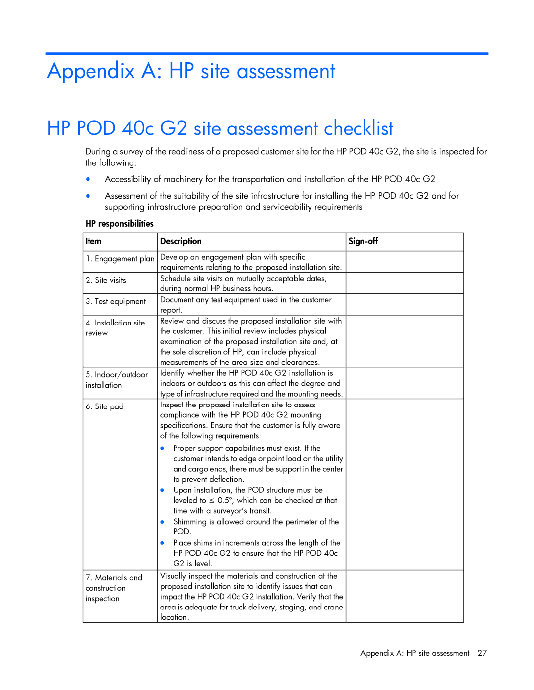 HP Performance Optimized Data Center (POD) 40c Appendix a HP site assessment, HP POD 40c G2 site assessment checklist 