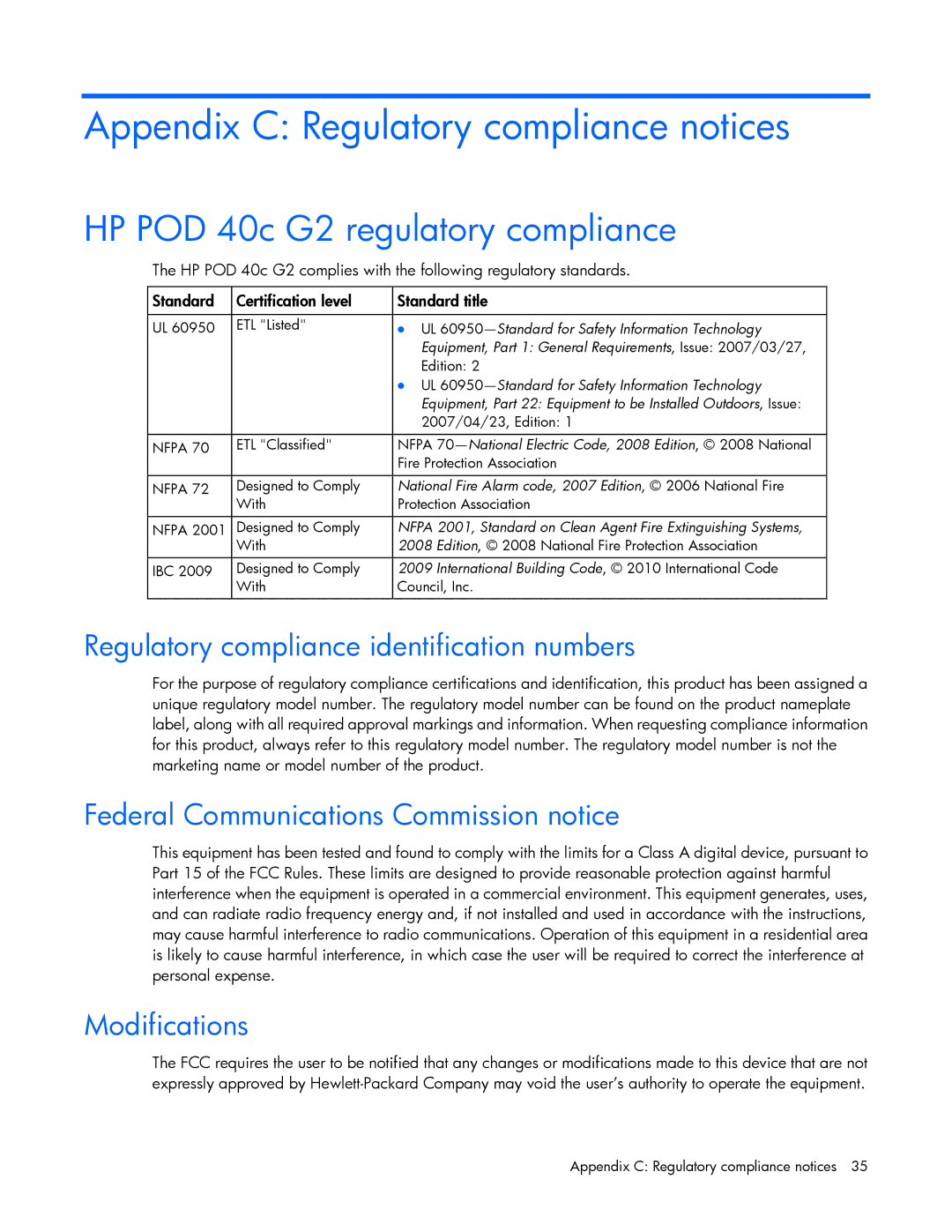 HP Performance Optimized Data Center (POD) 40c manual Appendix C Regulatory compliance notices, Modifications 