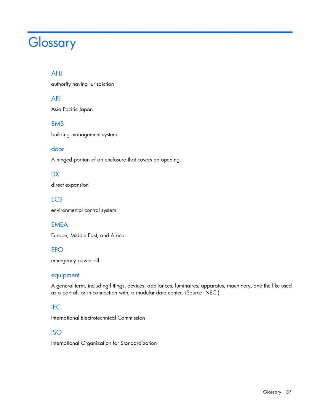 HP Performance Optimized Data Center (POD) 40c manual Glossary 