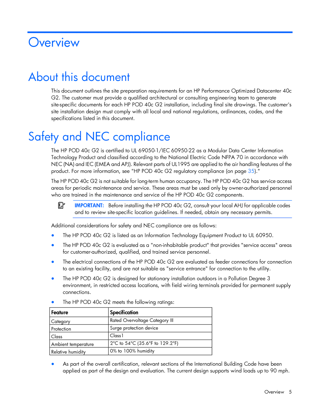 HP Performance Optimized Data Center (POD) 40c manual Overview, About this document, Safety and NEC compliance 