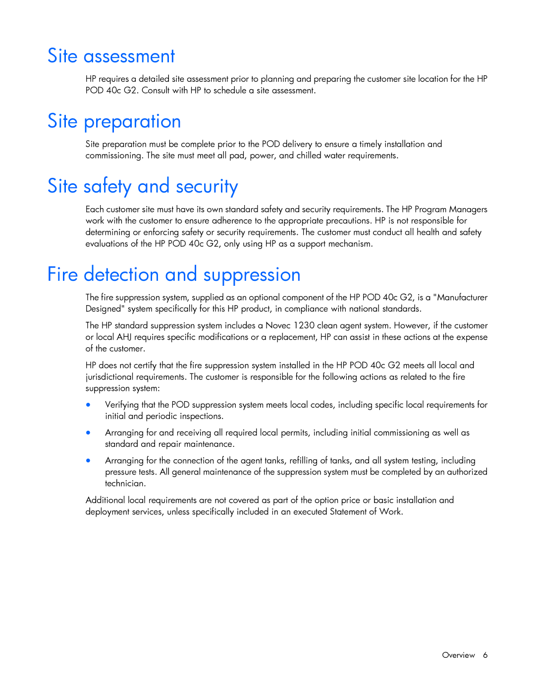 HP Performance Optimized Data Center (POD) 40c manual Site assessment, Site preparation, Site safety and security 