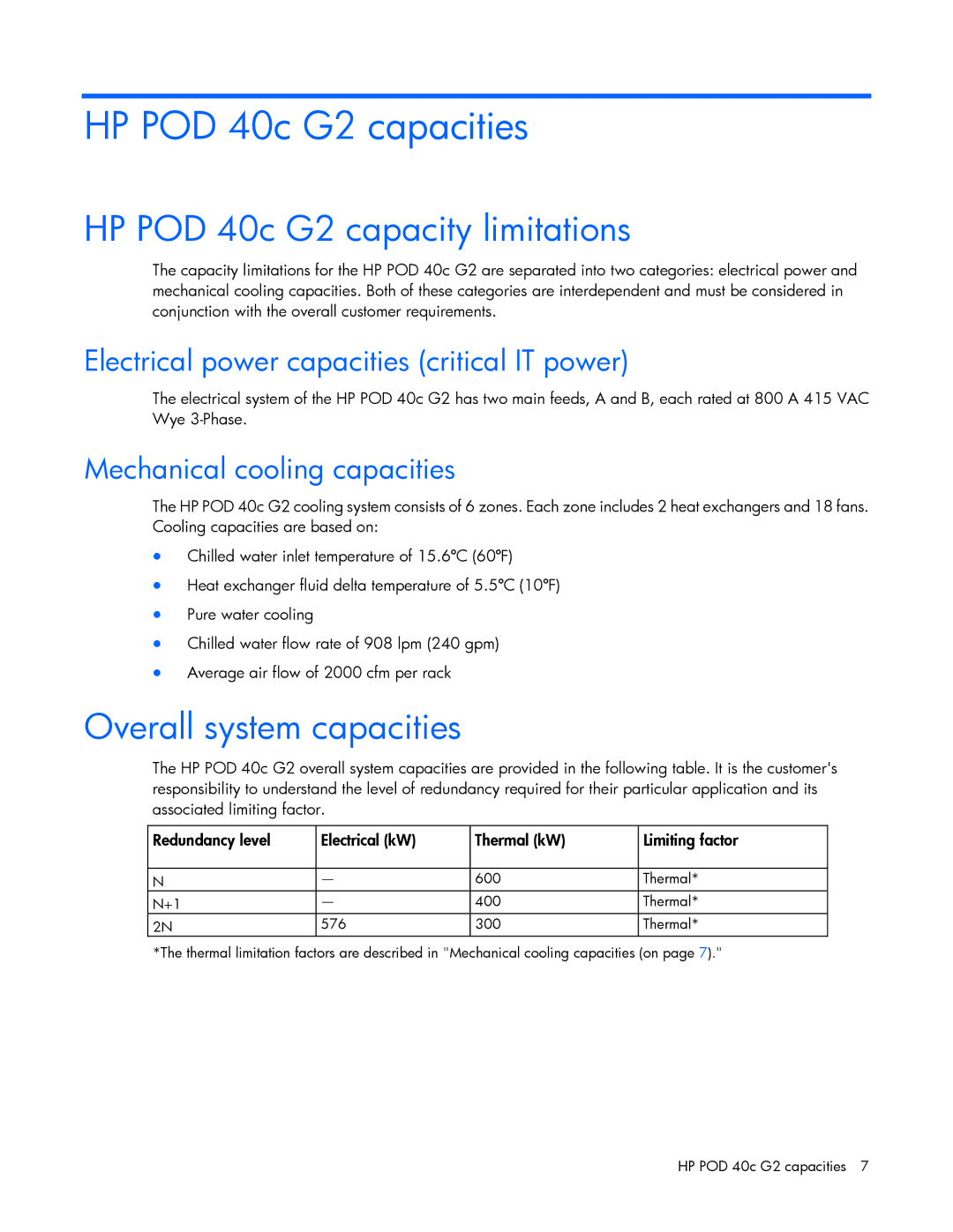 HP Performance Optimized Data Center (POD) 40c manual HP POD 40c G2 capacities, HP POD 40c G2 capacity limitations 