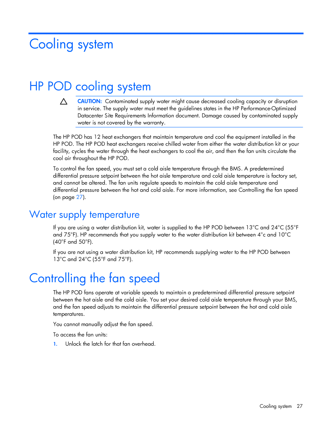 HP Performance Optimized Data Center (POD) 40cp manual Cooling system, HP POD cooling system, Controlling the fan speed 