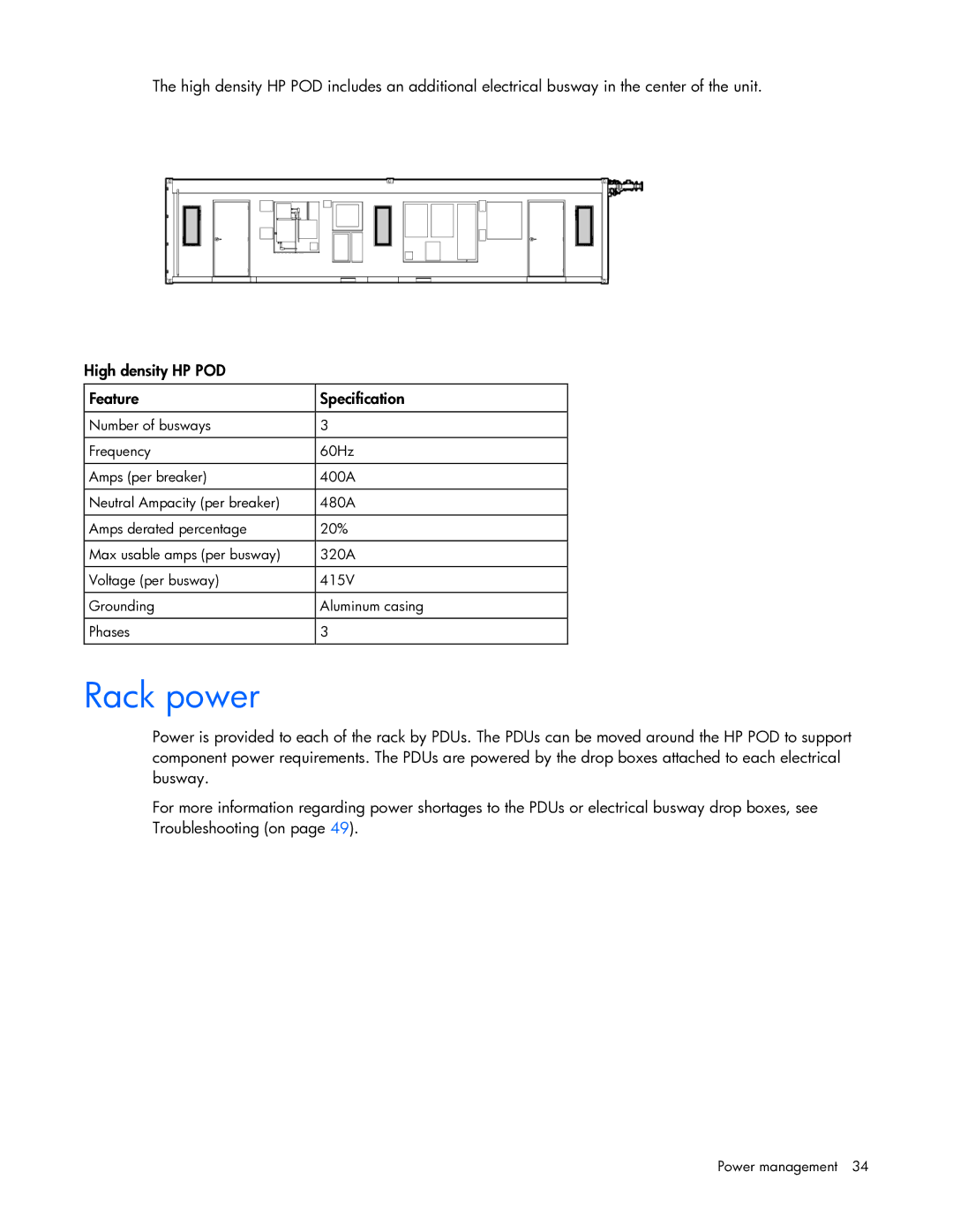 HP Performance Optimized Data Center (POD) 40cp manual Rack power 