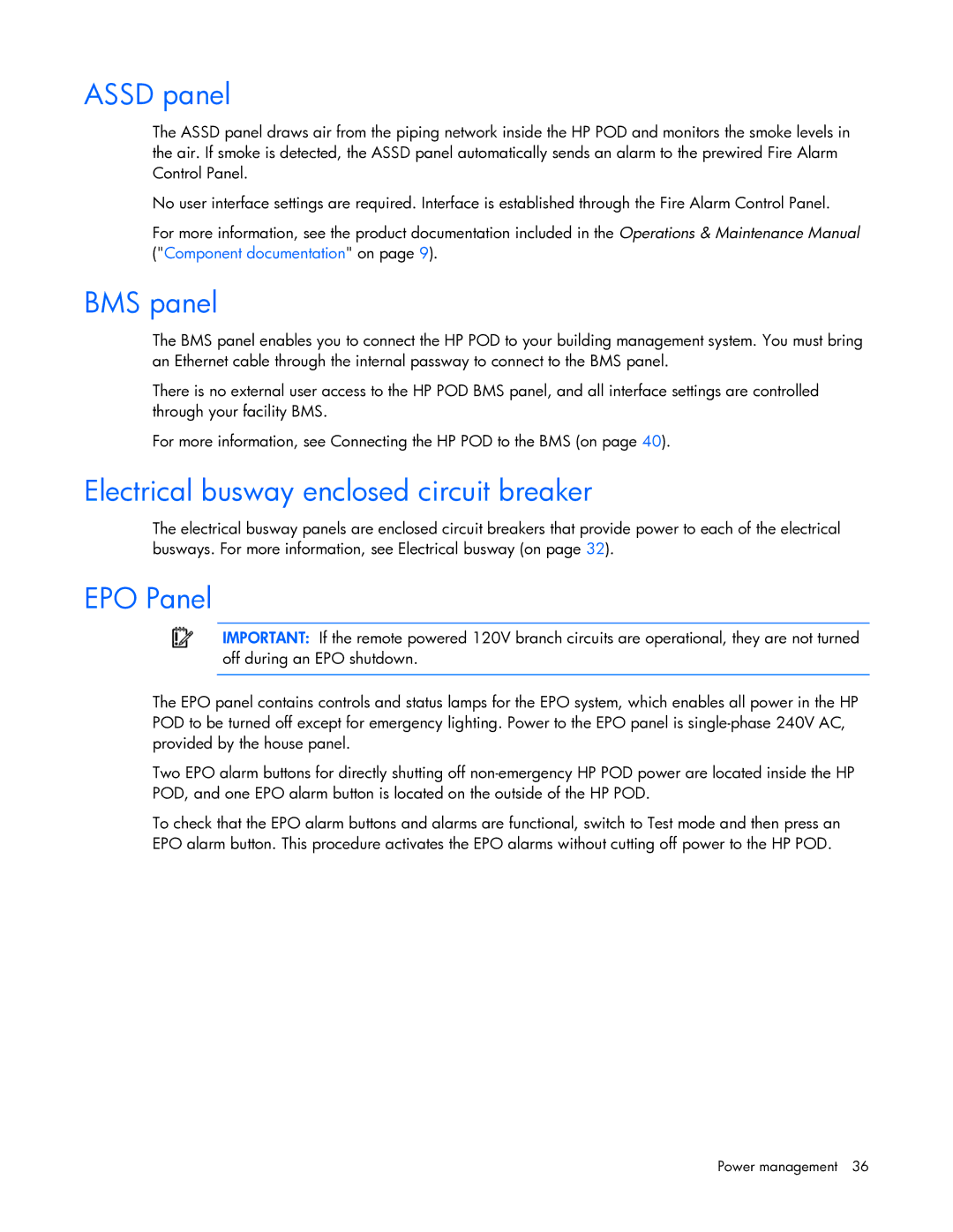 HP Performance Optimized Data Center (POD) 40cp manual Assd panel, BMS panel, Electrical busway enclosed circuit breaker 