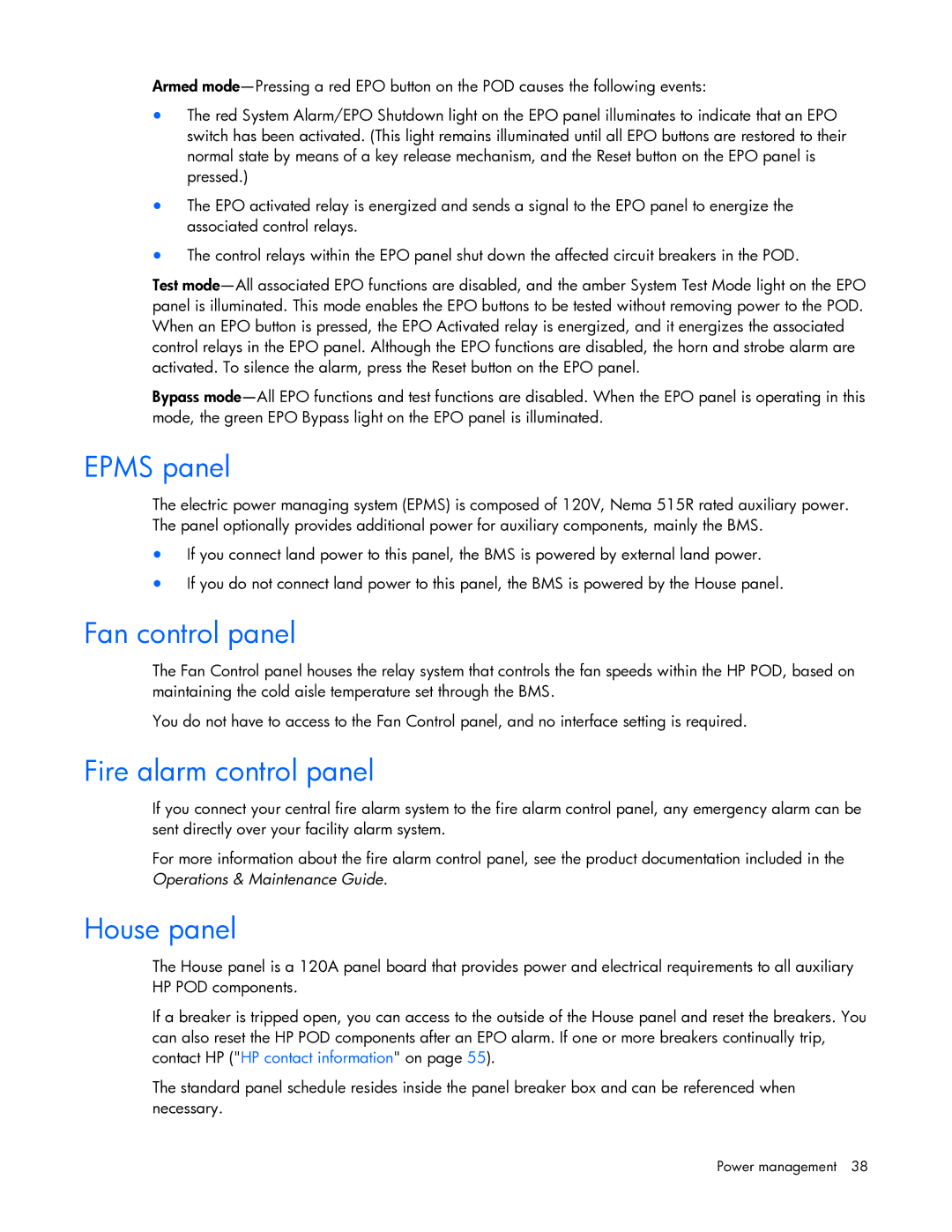 HP Performance Optimized Data Center (POD) 40cp manual Epms panel, Fan control panel, Fire alarm control panel, House panel 