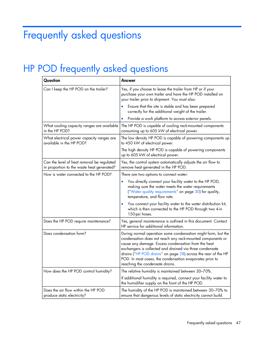 HP Performance Optimized Data Center (POD) 40cp manual Frequently asked questions, HP POD frequently asked questions 