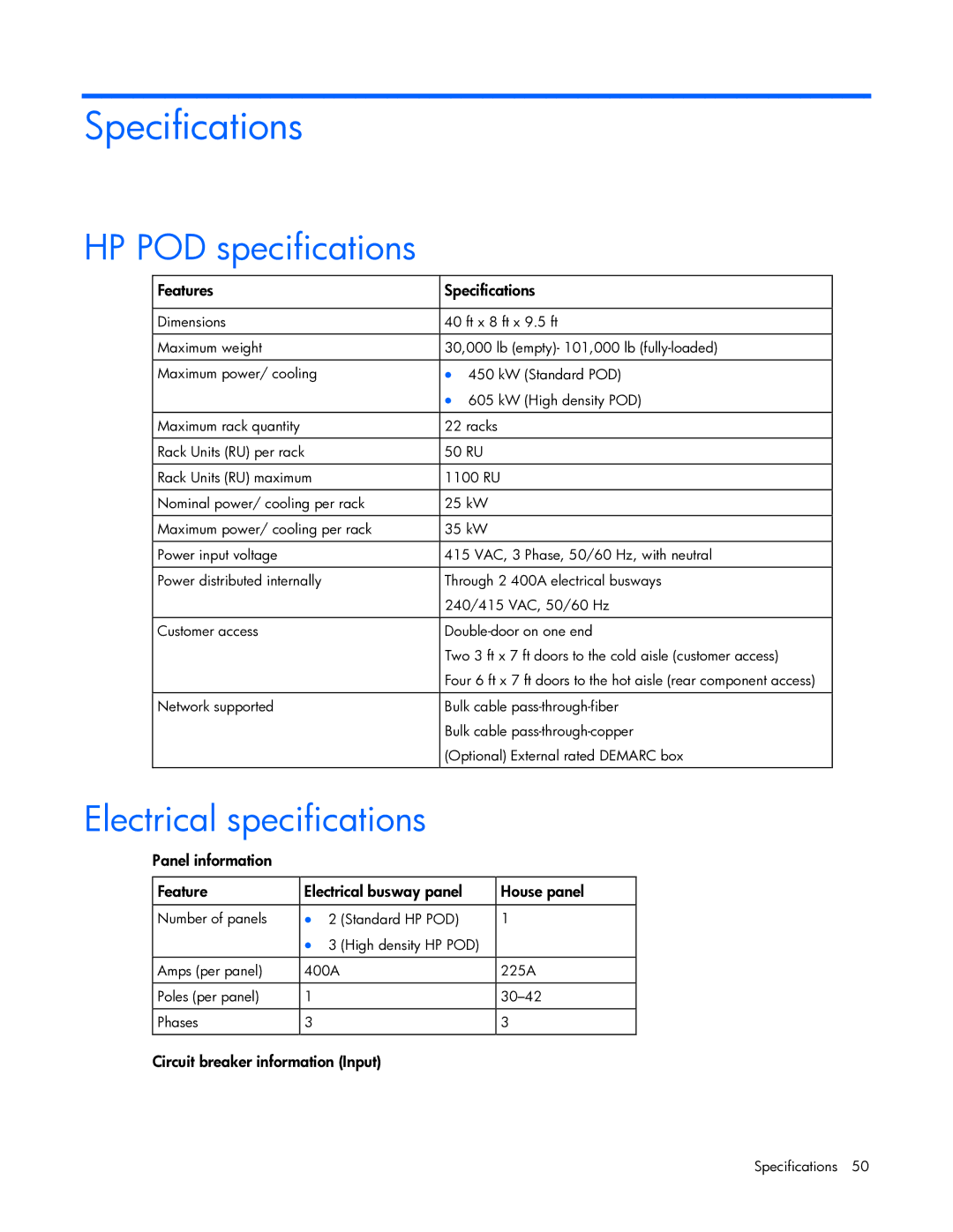 HP Performance Optimized Data Center (POD) 40cp manual Specifications, HP POD specifications, Electrical specifications 