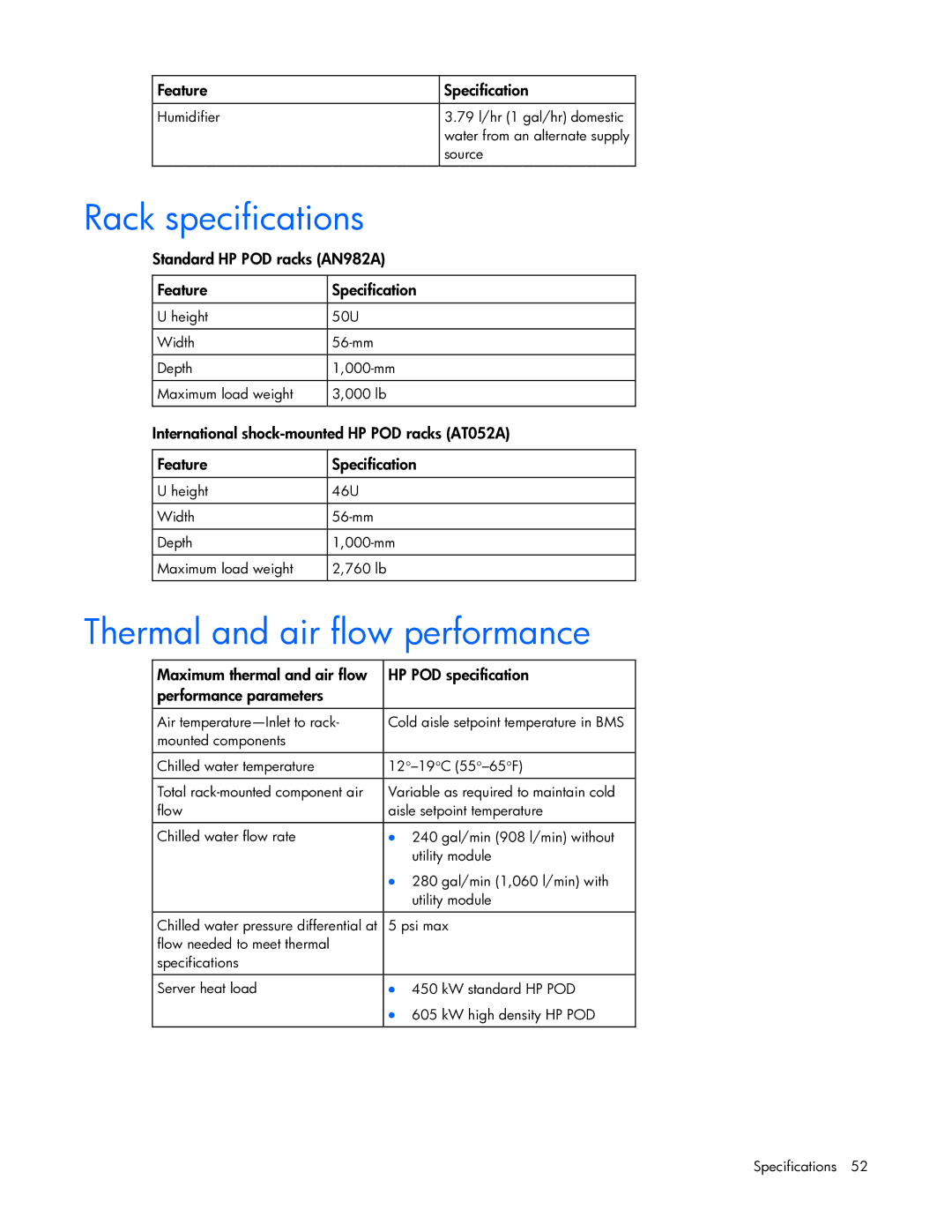 HP Performance Optimized Data Center (POD) 40cp manual Rack specifications, Thermal and air flow performance 