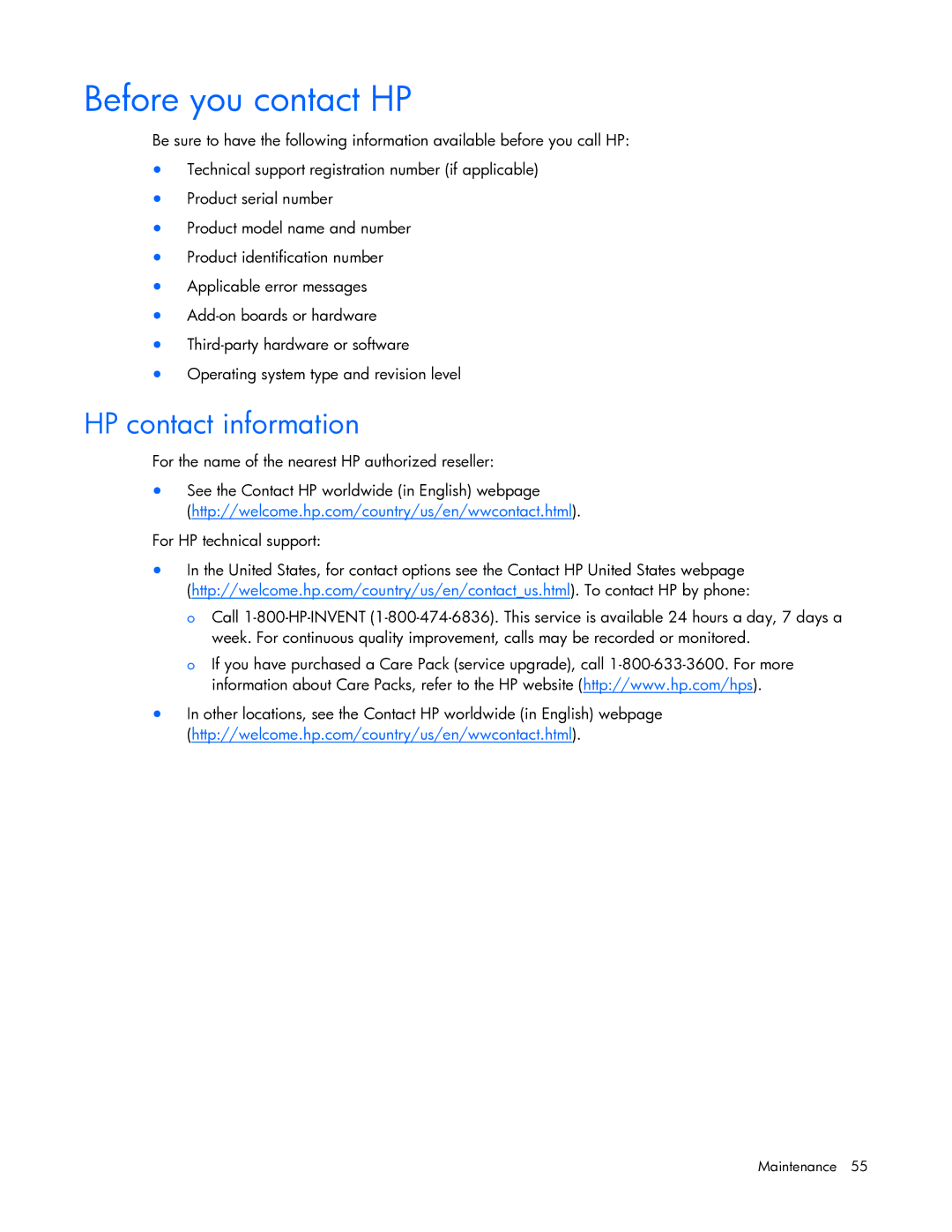 HP Performance Optimized Data Center (POD) 40cp manual Before you contact HP, HP contact information 