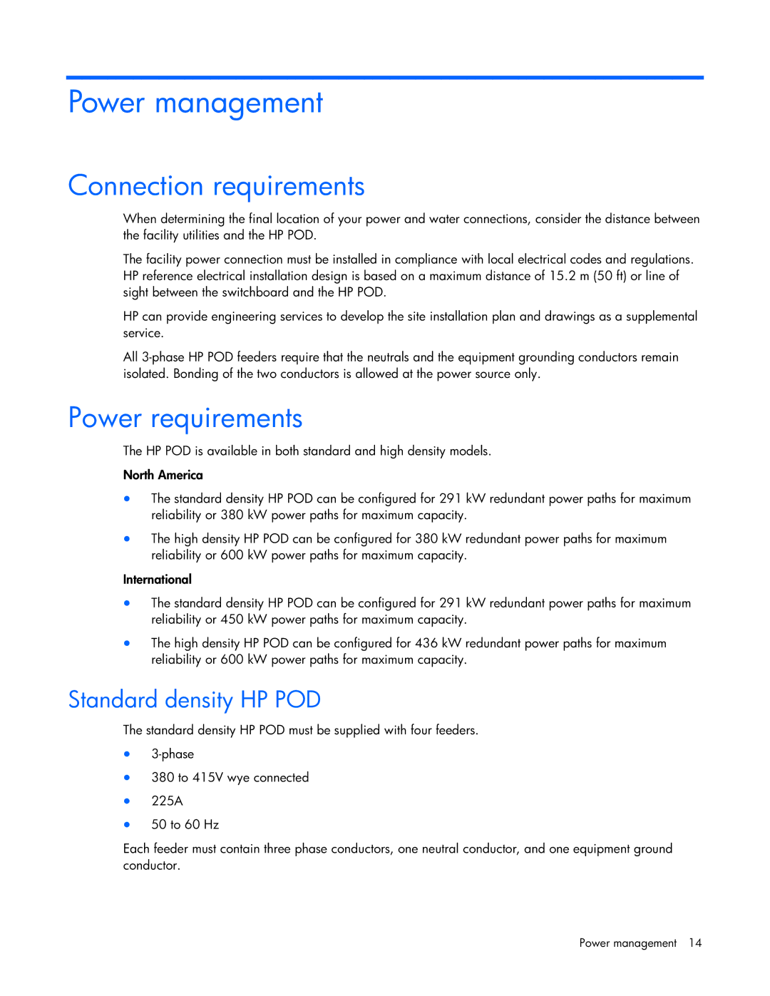 HP Performance Optimized Data Center (POD) 40cp manual Power management, Connection requirements, Power requirements 