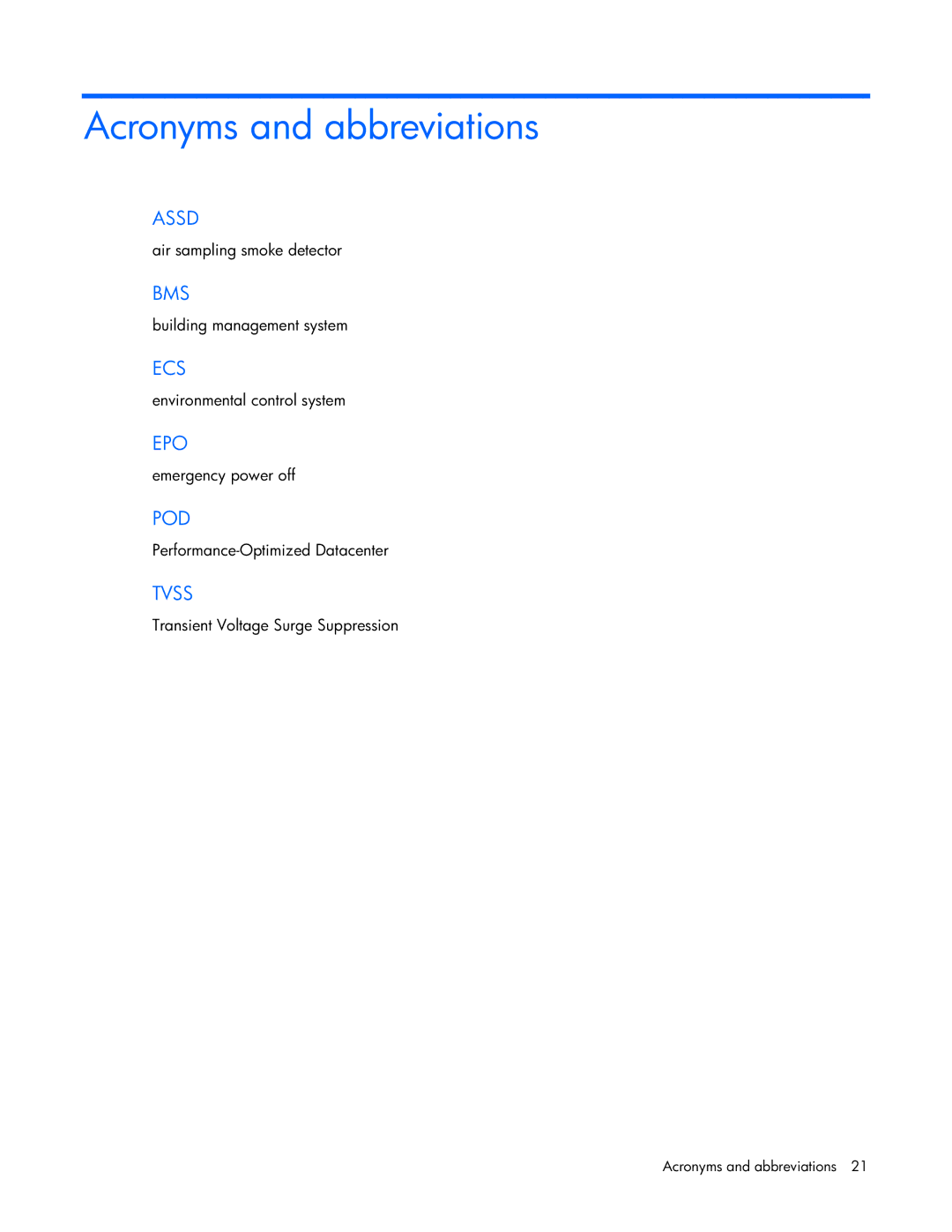 HP Performance Optimized Data Center (POD) 40cp manual Acronyms and abbreviations 