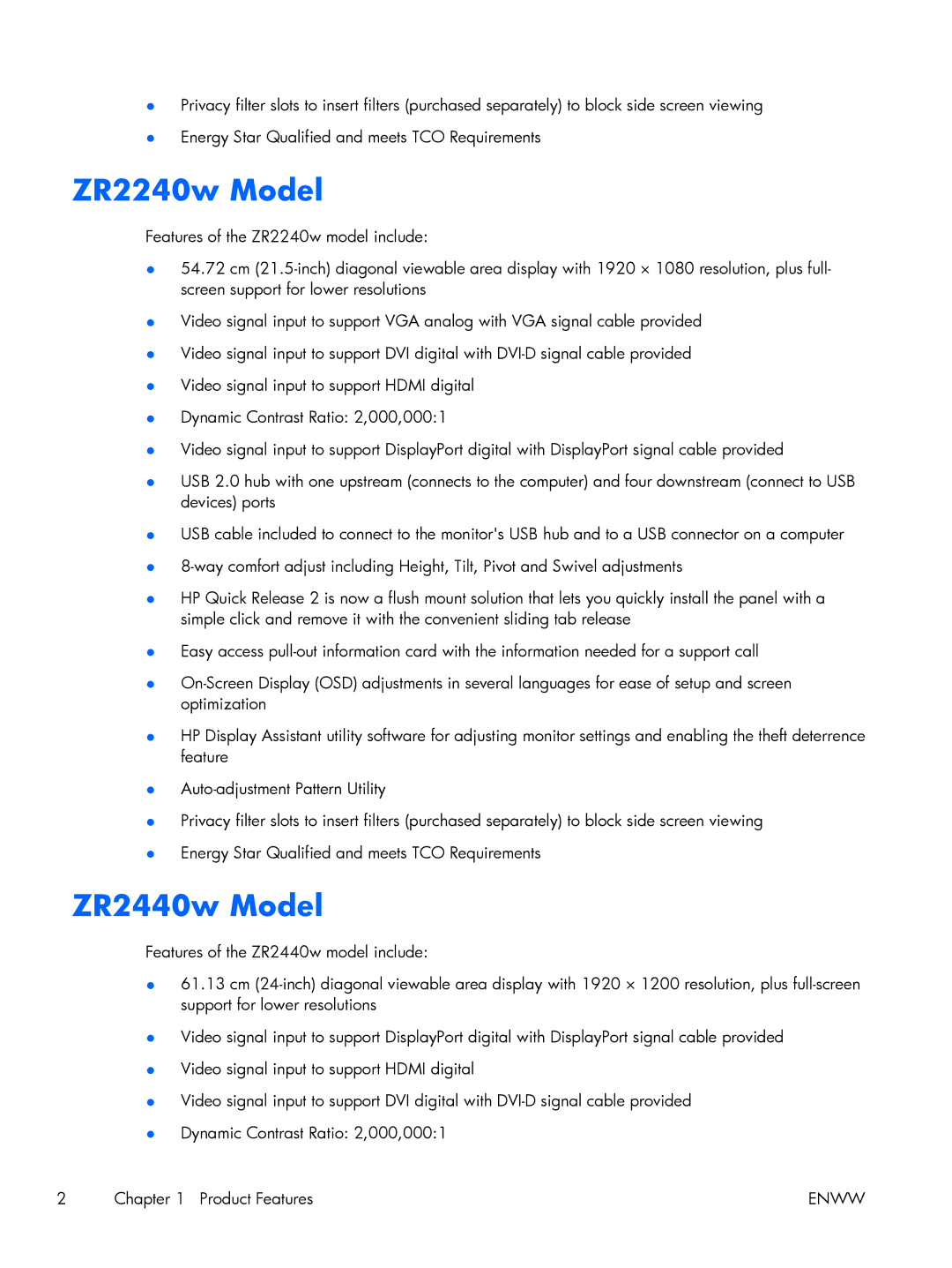 HP 27 XW476A4#ABA, Performance ZR2440w 24 XW477A8#ABA manual ZR2240w Model, ZR2440w Model 