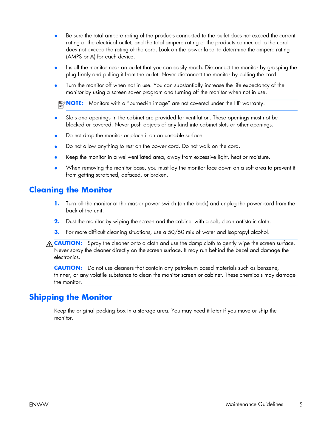 HP Performance ZR2440w 24 XW477A8#ABA, 27 XW476A4#ABA manual Cleaning the Monitor, Shipping the Monitor 