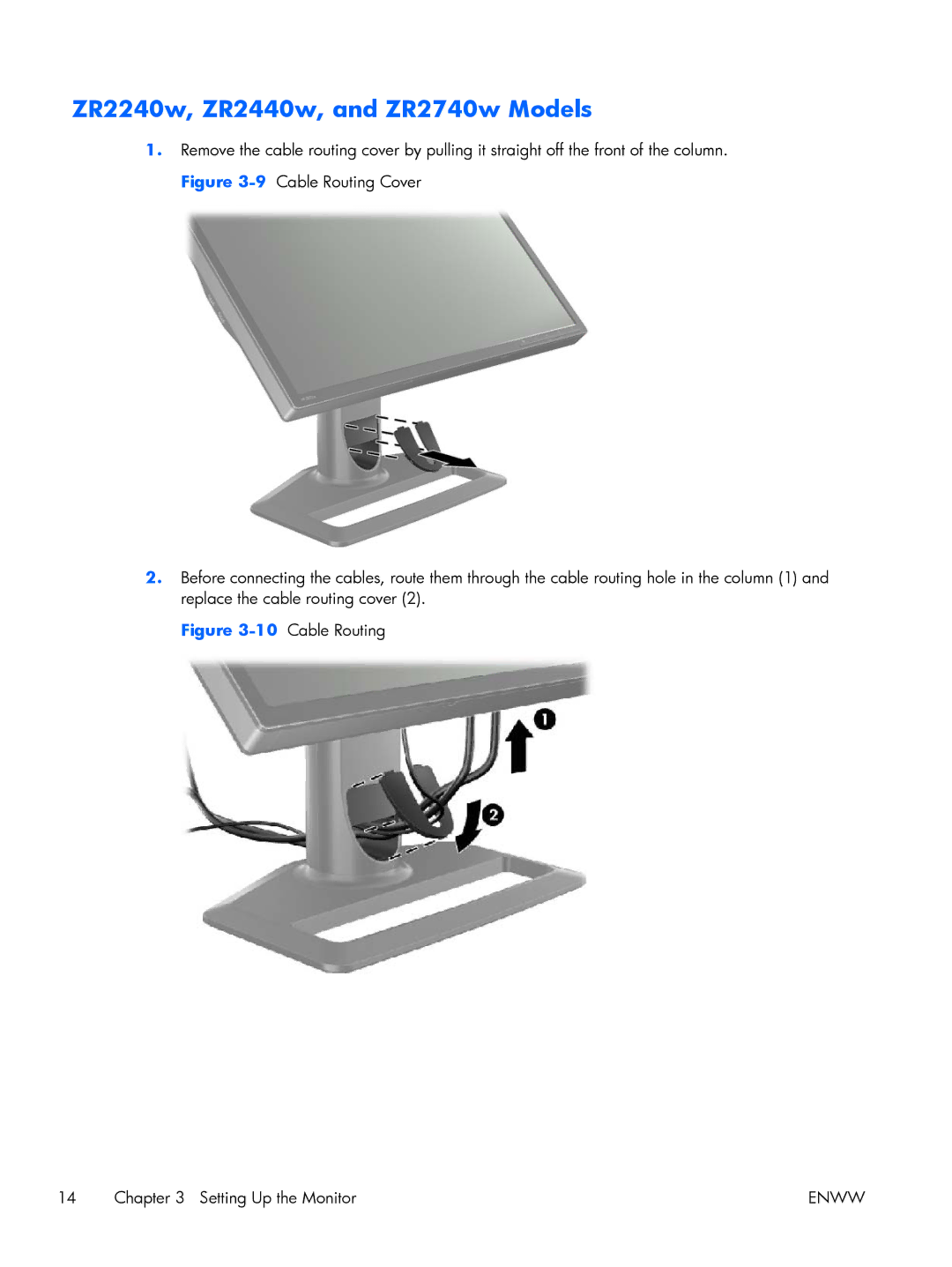 HP 27 XW476A4#ABA manual ZR2240w, ZR2440w, and ZR2740w Models, 10Cable Routing Setting Up the Monitor 