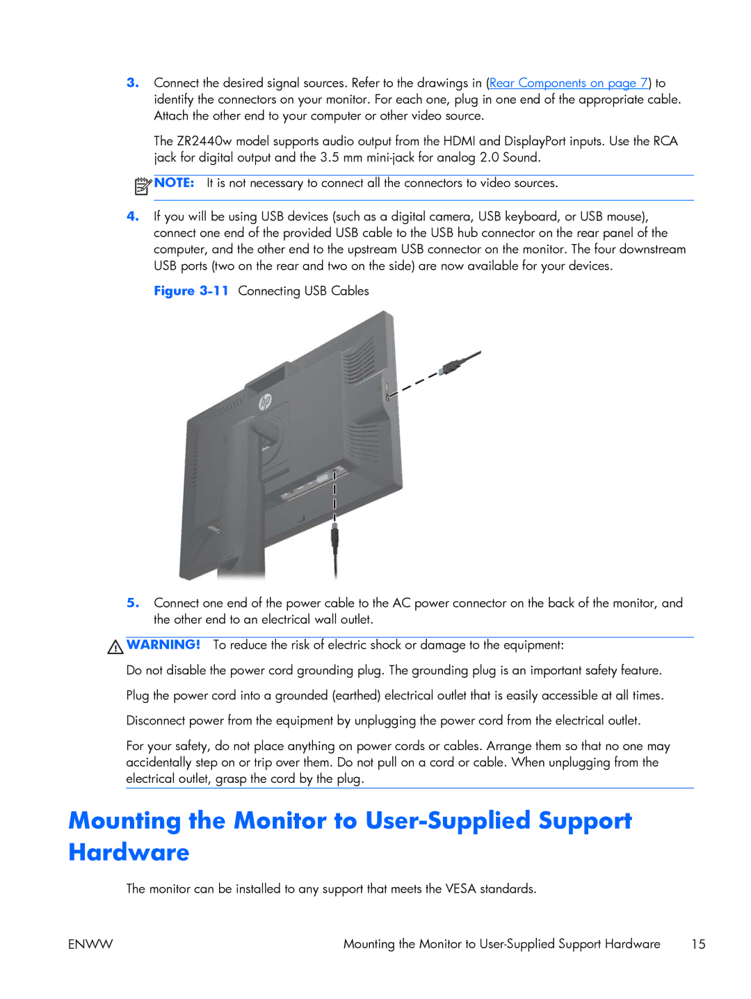 HP Performance ZR2440w 24 XW477A8#ABA, 27 XW476A4#ABA manual Mounting the Monitor to User-Supplied Support Hardware 