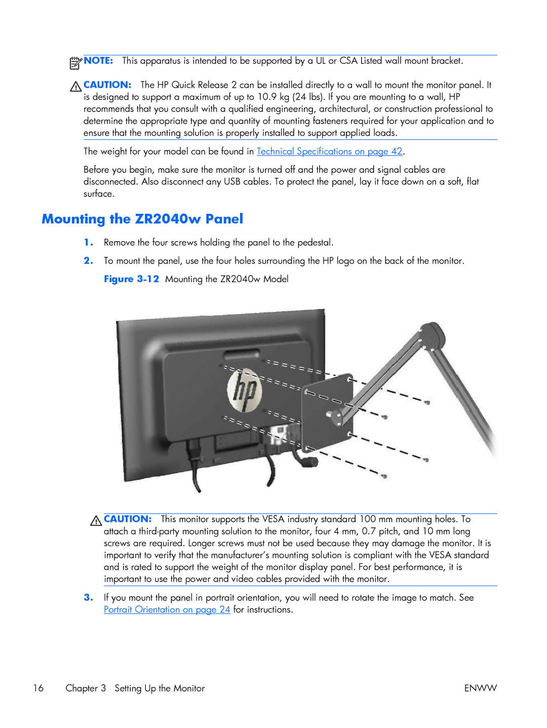 HP 27 XW476A4#ABA, Performance ZR2440w 24 XW477A8#ABA manual Mounting the ZR2040w Panel 