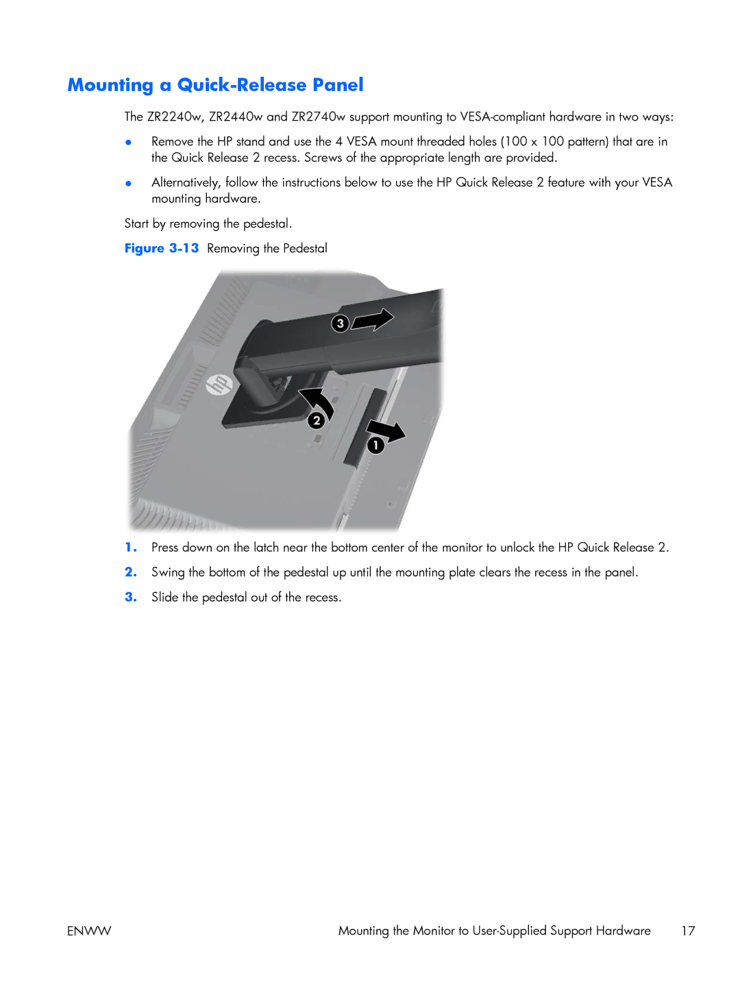 HP Performance ZR2440w 24 XW477A8#ABA, 27 XW476A4#ABA manual Mounting a Quick-Release Panel 