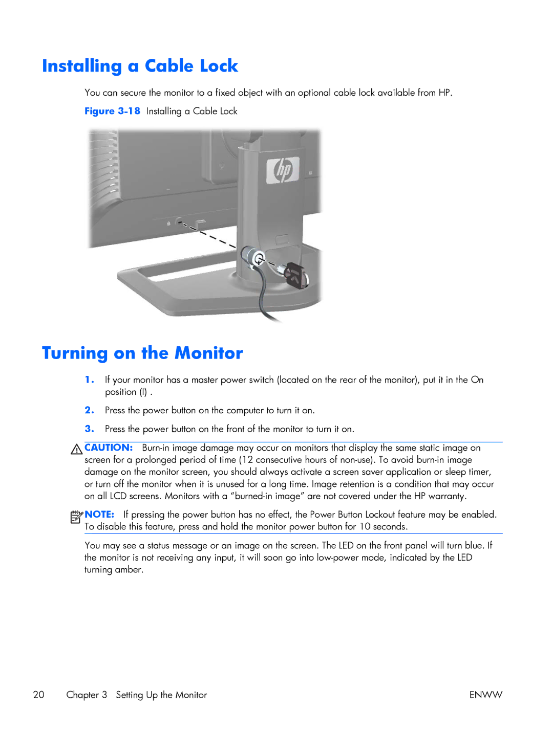 HP 27 XW476A4#ABA, Performance ZR2440w 24 XW477A8#ABA manual Installing a Cable Lock, Turning on the Monitor 