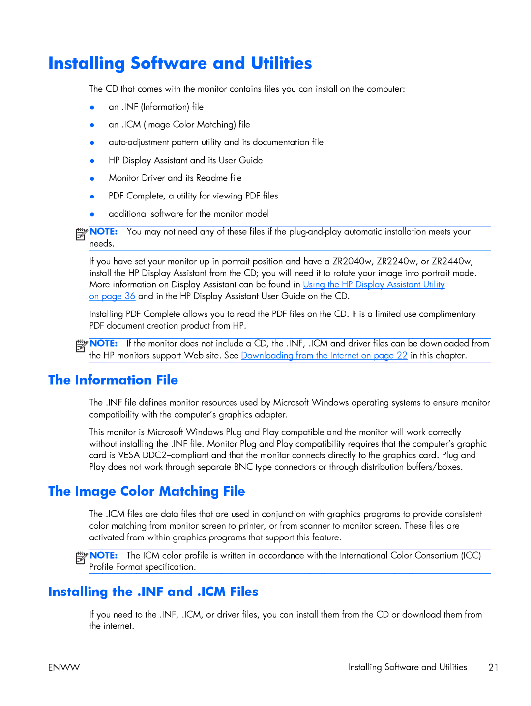 HP Performance ZR2440w 24 XW477A8#ABA manual Installing Software and Utilities, Information File, Image Color Matching File 