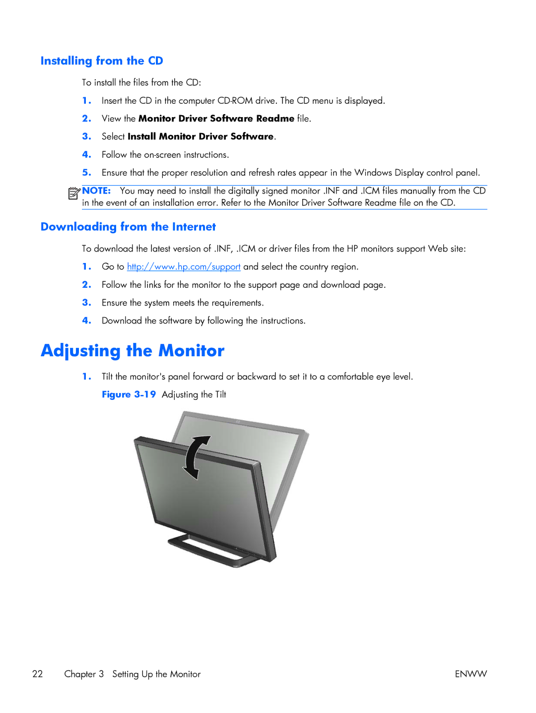 HP 27 XW476A4#ABA, Performance ZR2440w 24 XW477A8#ABA manual Adjusting the Monitor, Installing from the CD 