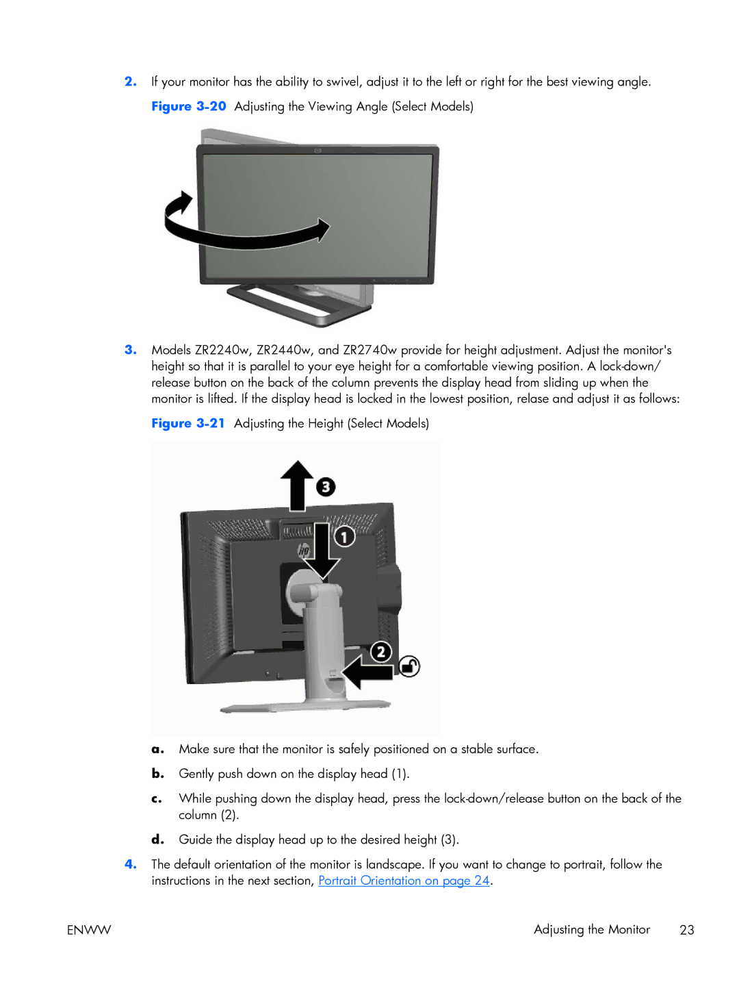 HP Performance ZR2440w 24 XW477A8#ABA, 27 XW476A4#ABA manual Adjusting the Monitor 