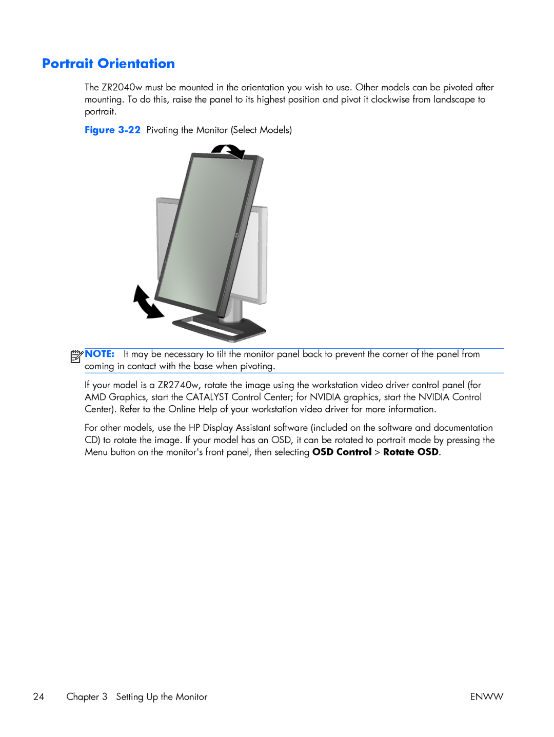 HP 27 XW476A4#ABA, Performance ZR2440w 24 XW477A8#ABA manual Portrait Orientation 