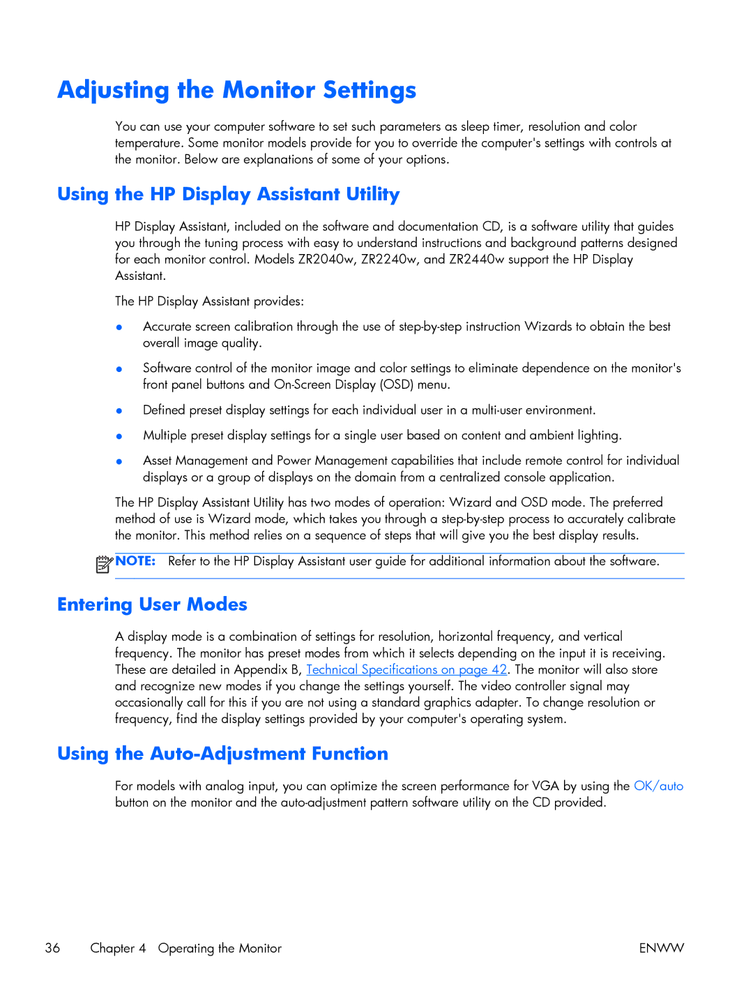 HP 27 XW476A4#ABA manual Adjusting the Monitor Settings, Using the HP Display Assistant Utility, Entering User Modes 