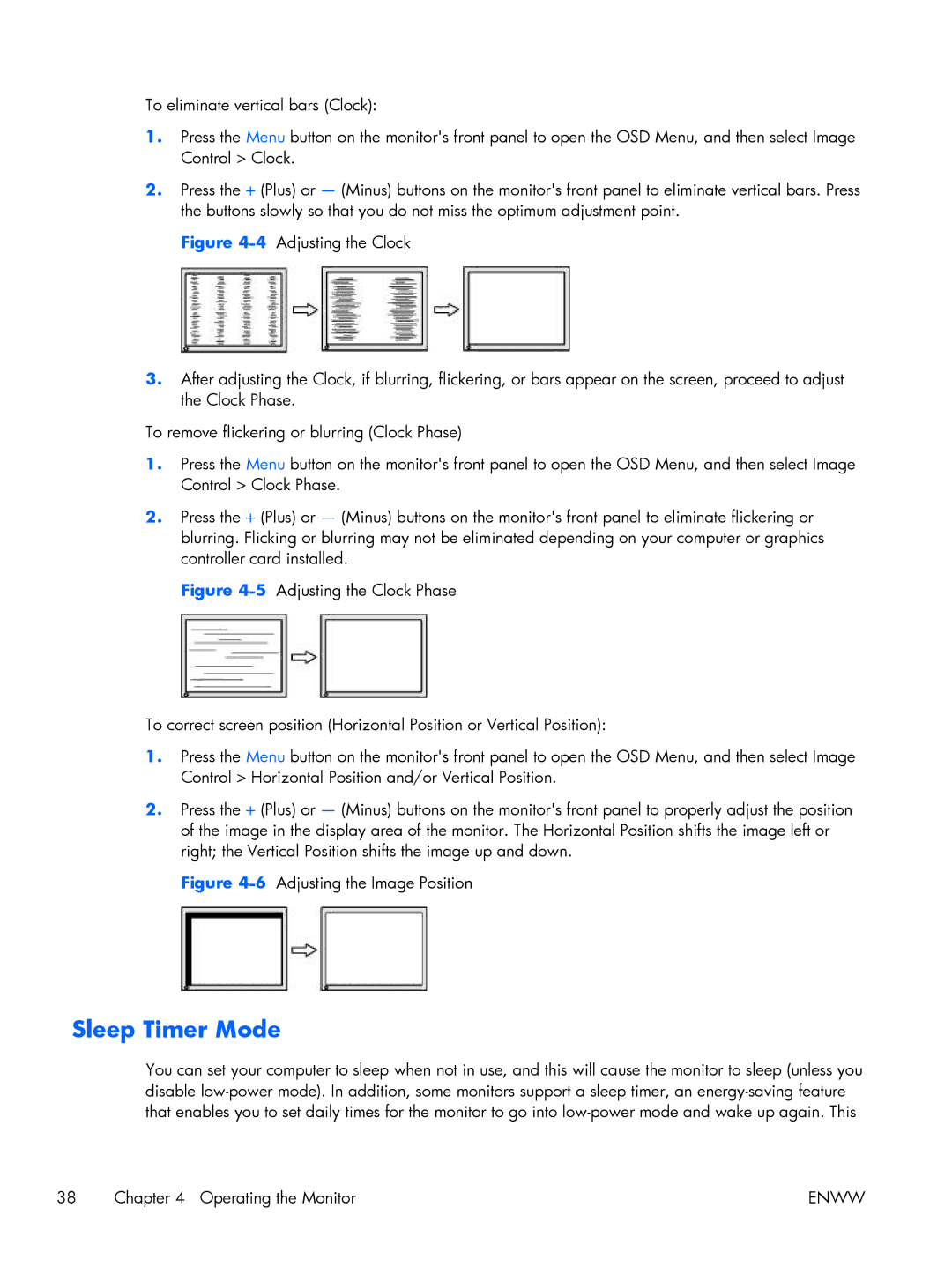 HP 27 XW476A4#ABA, Performance ZR2440w 24 XW477A8#ABA manual Sleep Timer Mode, 6Adjusting the Image Position 